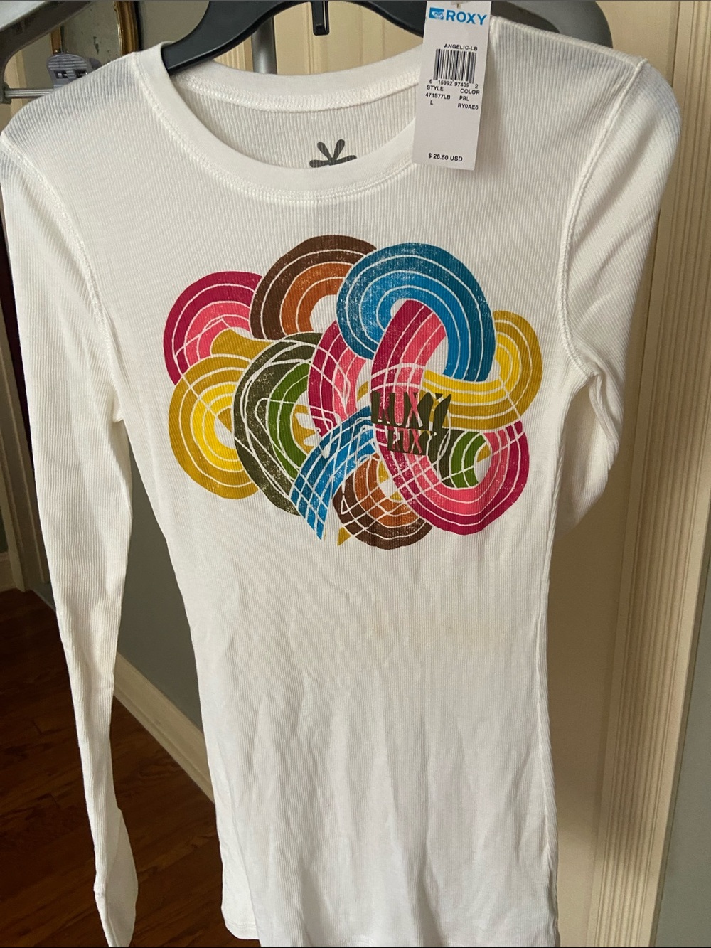 Roxy White Long Sleeve Tee with Colorful Swirl Graphic Size Large